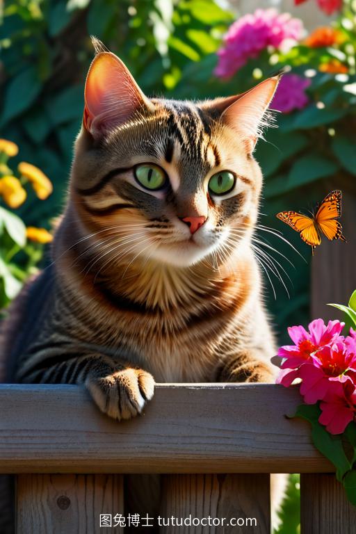 虎斑猫与蝴蝶：花园奇遇