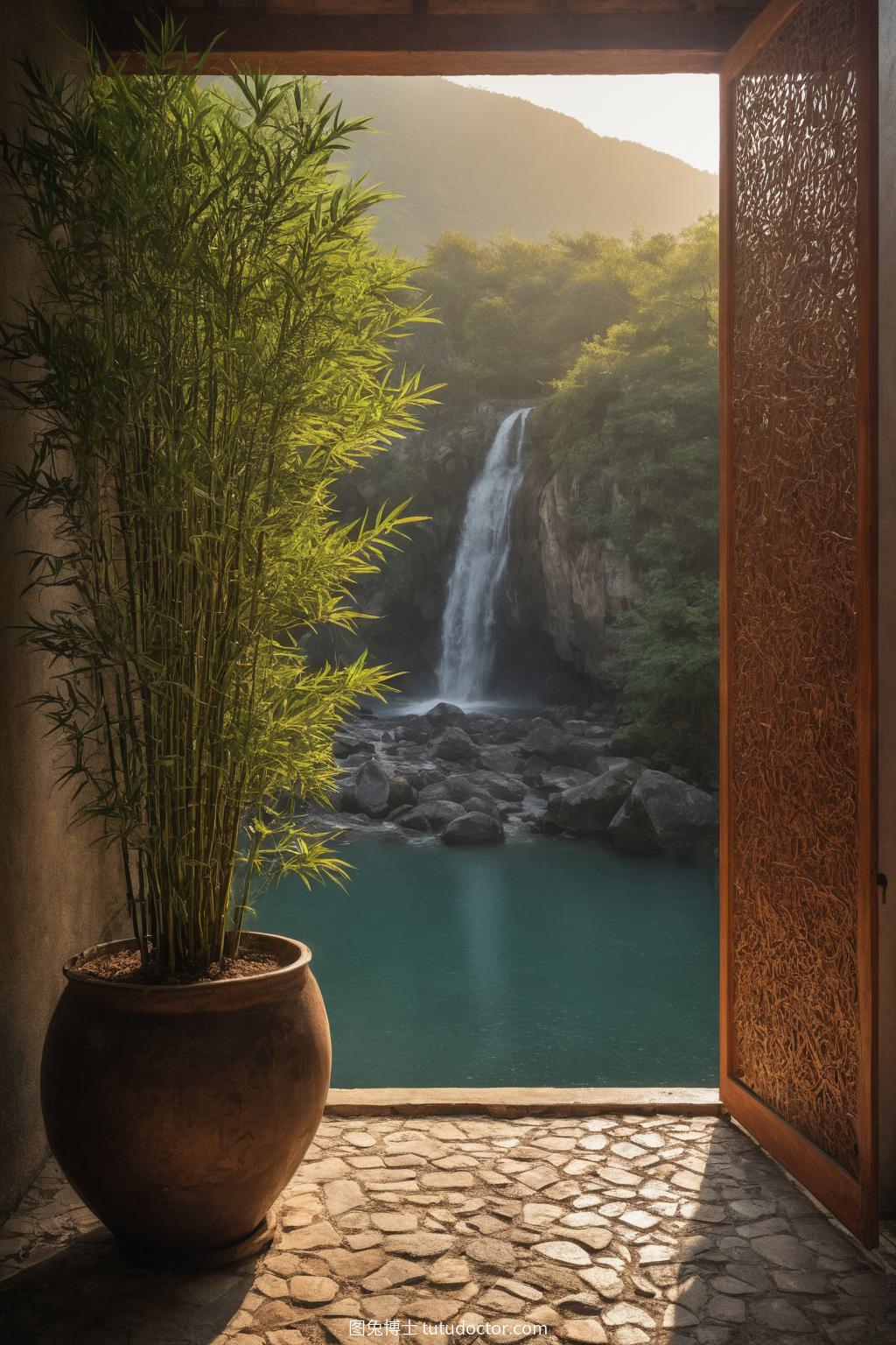 古韵庭院：木雕屏风与竹影