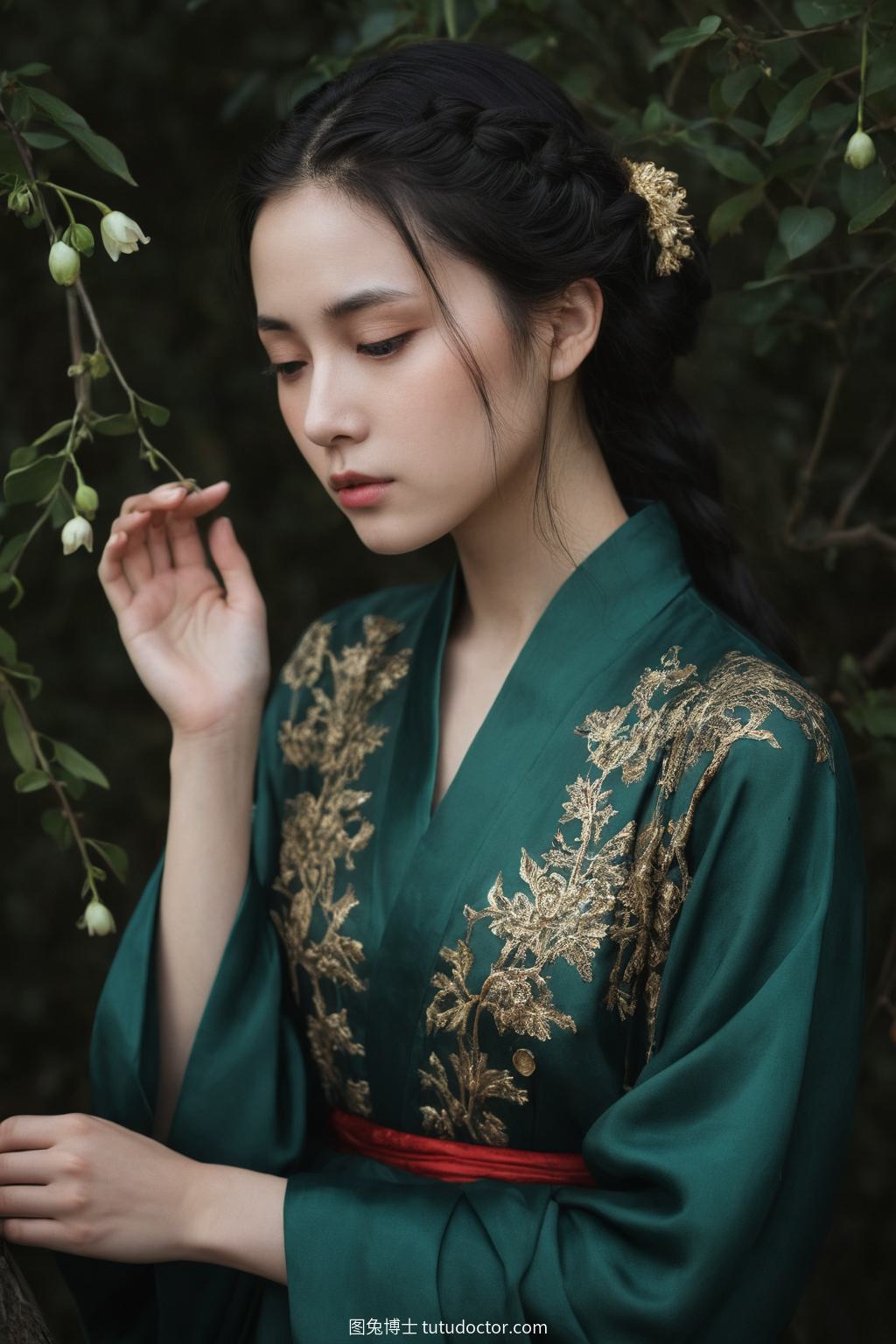 月色花园中的古筝少女
