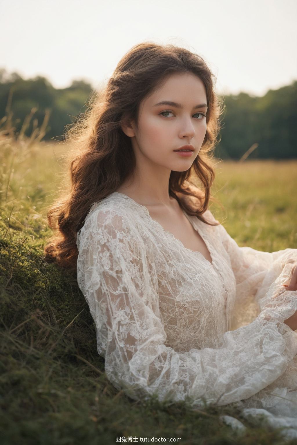 阳光草地上阅读的天使少女