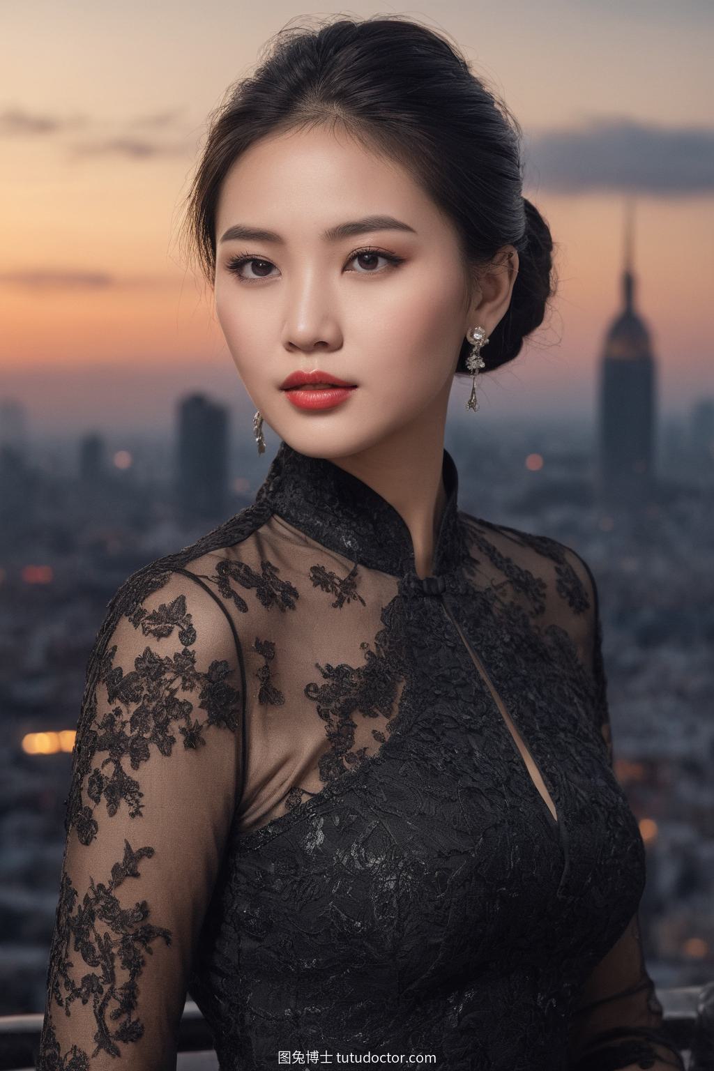 古风韵味：屋顶酒吧的古典魅力，乌发佳人与现代旗袍