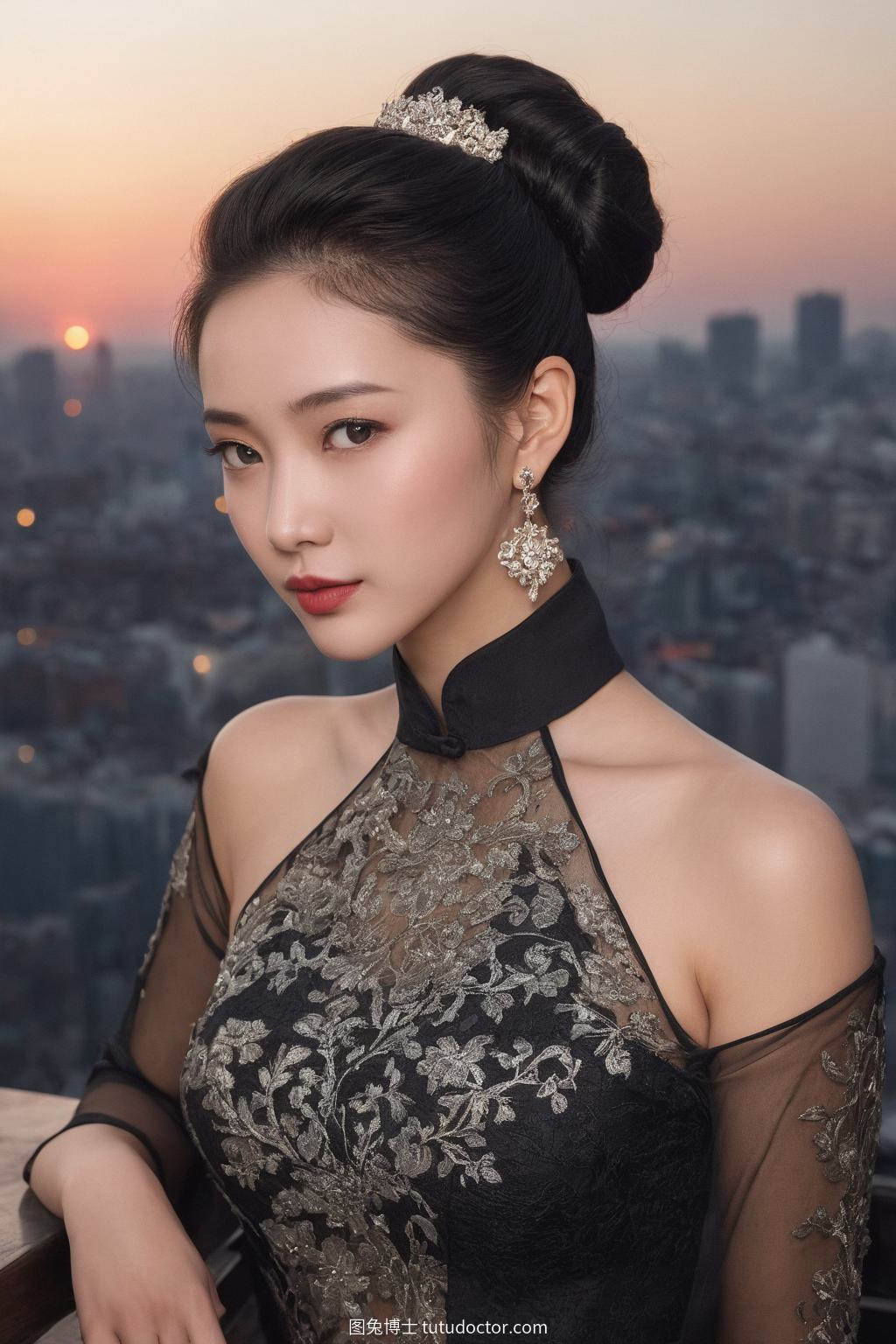 古风韵味：屋顶酒吧的古典魅力，乌发佳人与现代旗袍