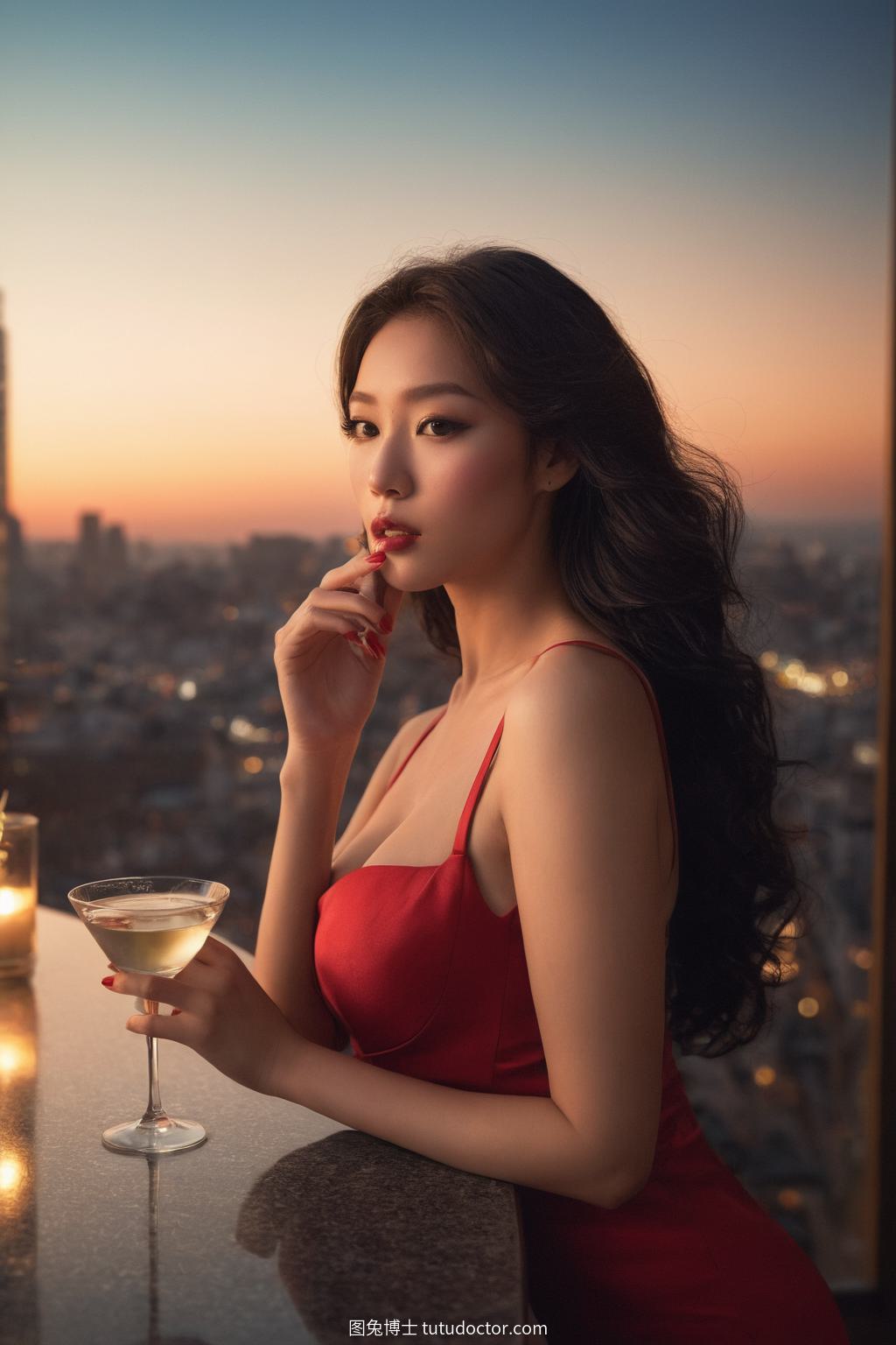 花样美女：都市霓光下的红裙佳人