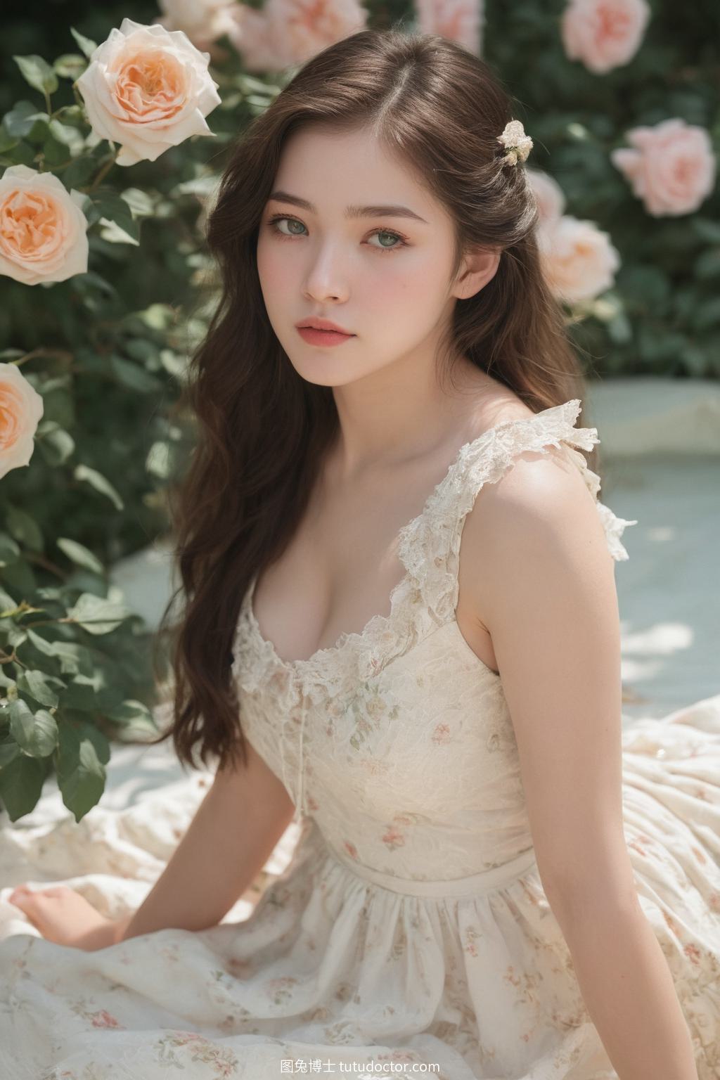 清纯校花：圣洁校花照料玫瑰，展现宁静之美