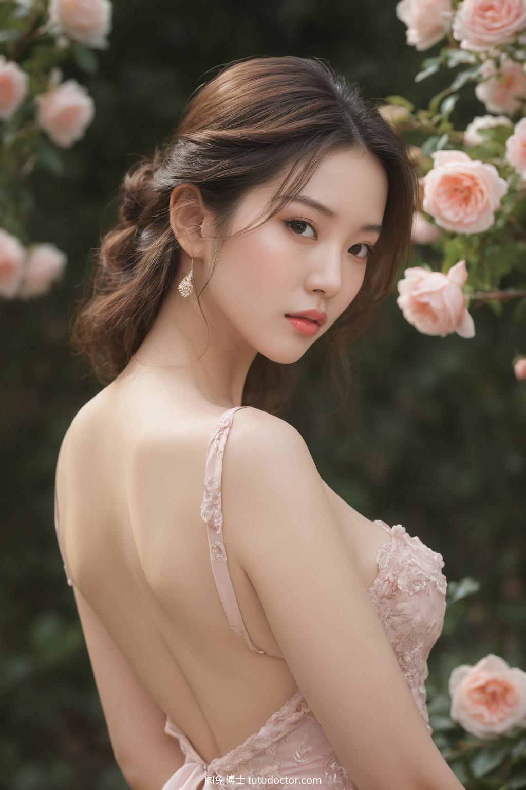 纯欲吊带：玫瑰花园中的优雅女子