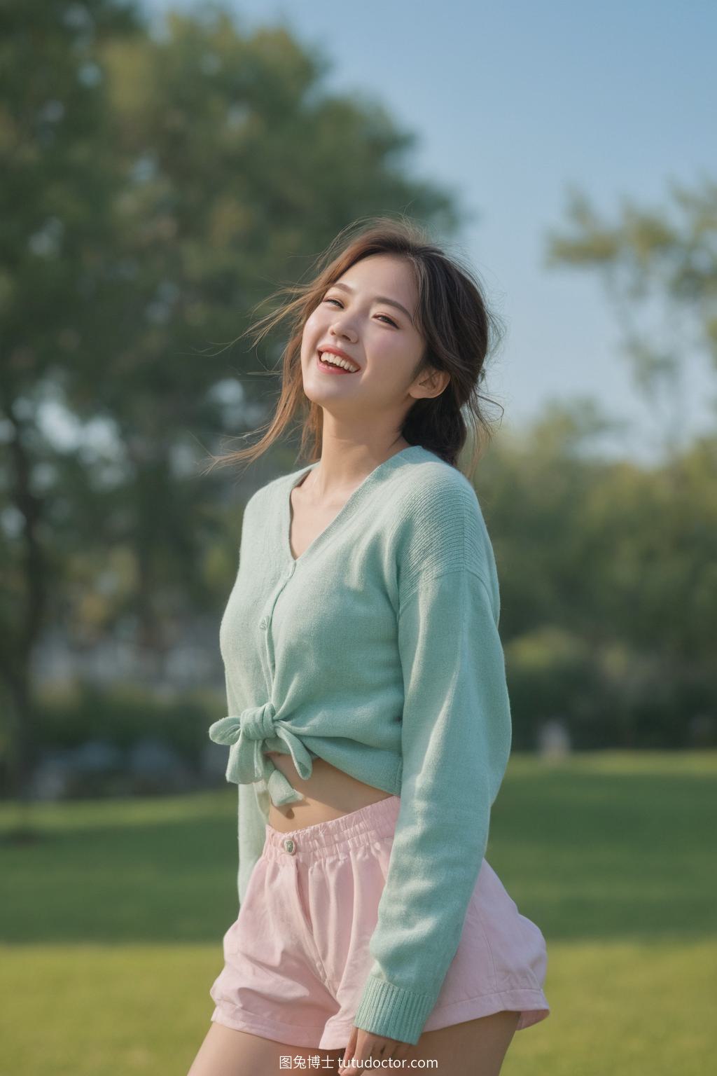 清纯校花：绿草微风中的微笑少女