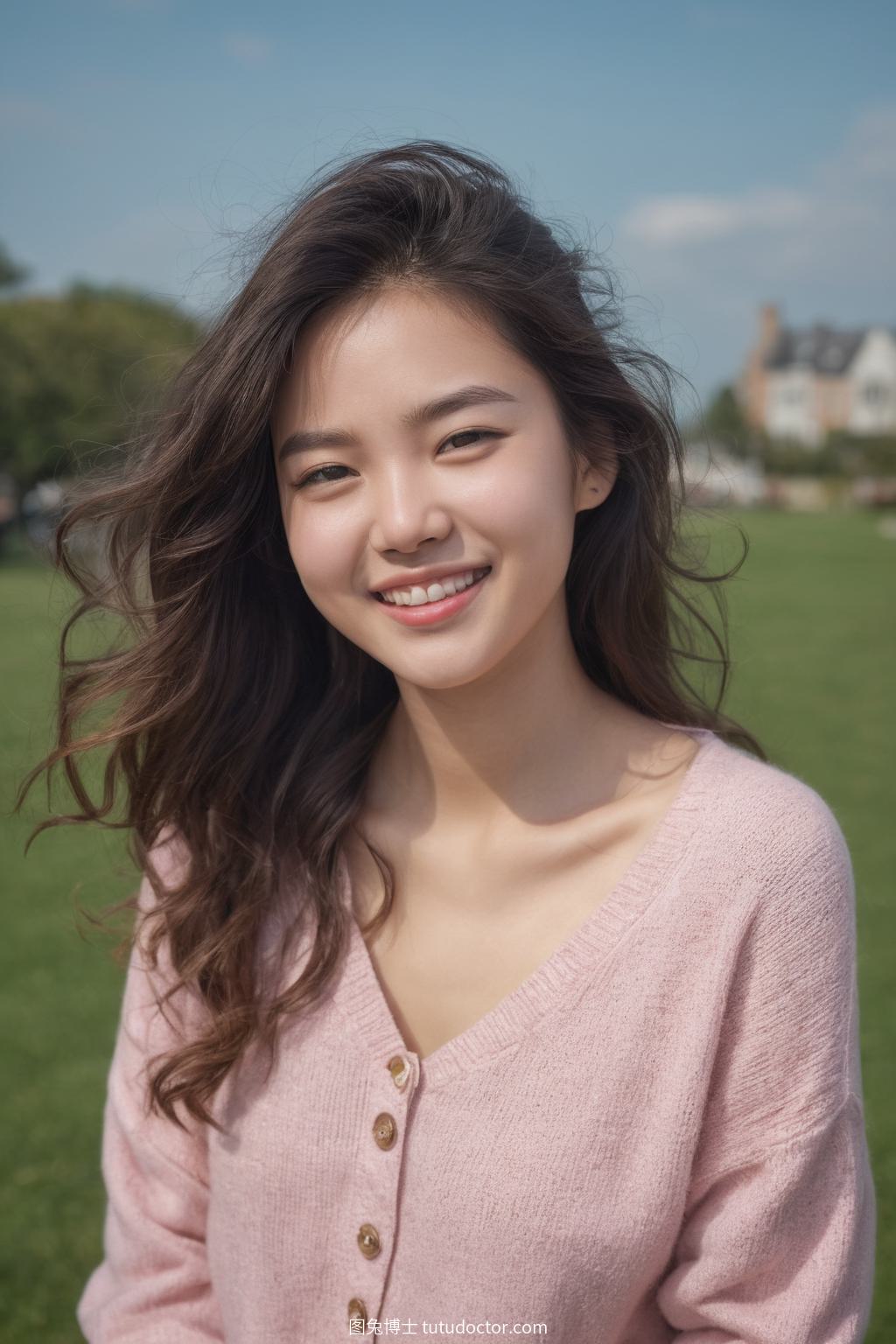 清纯校花：绿草微风中的微笑少女