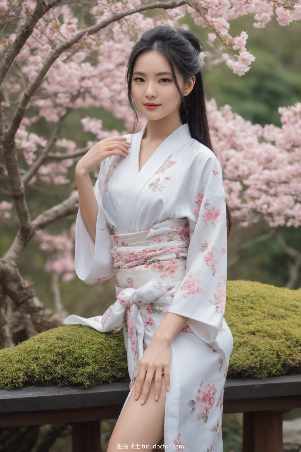 异域美女：日式花园里的盆景美人