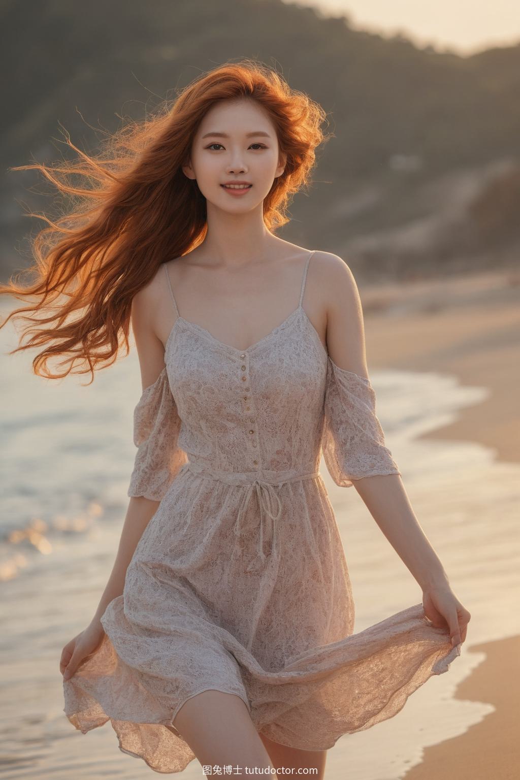 花样美女：红发女子海滩漫步