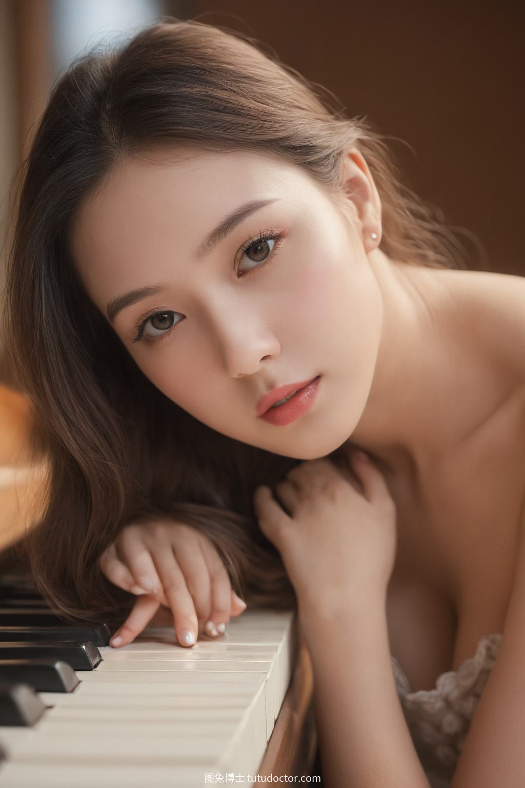 清纯校花：钢琴前的优雅演奏与纯真容颜