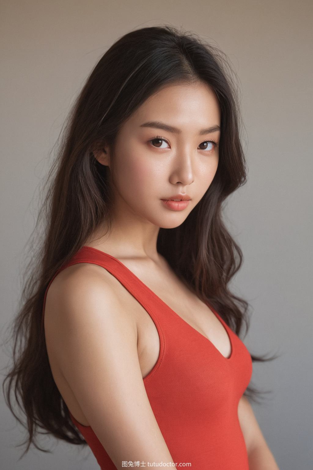 花样美女：阳光画室里的红衣模特