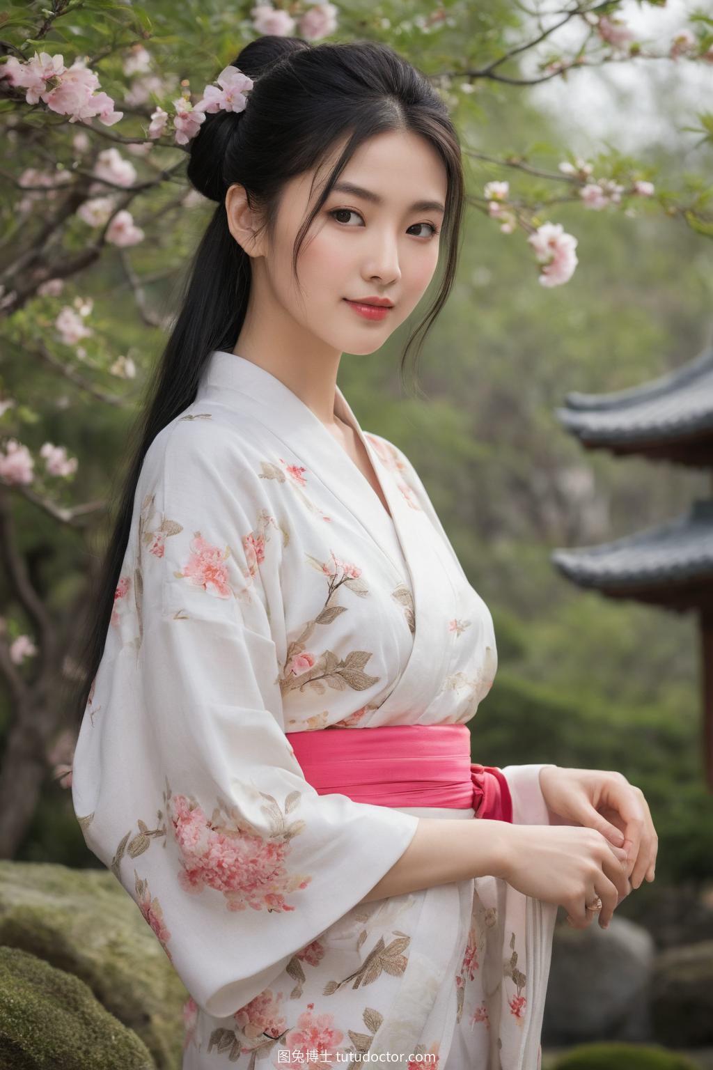 异域美女：日式花园里的盆景美人
