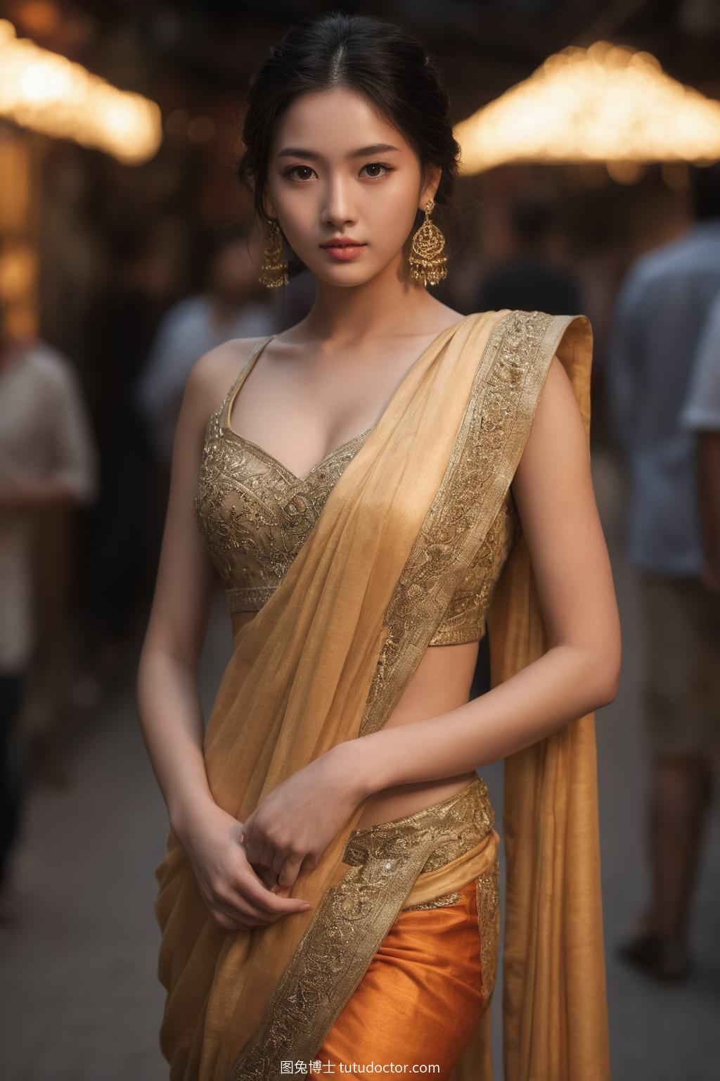 异域美女：昏暗市集中，红衣美女如夕阳漫步