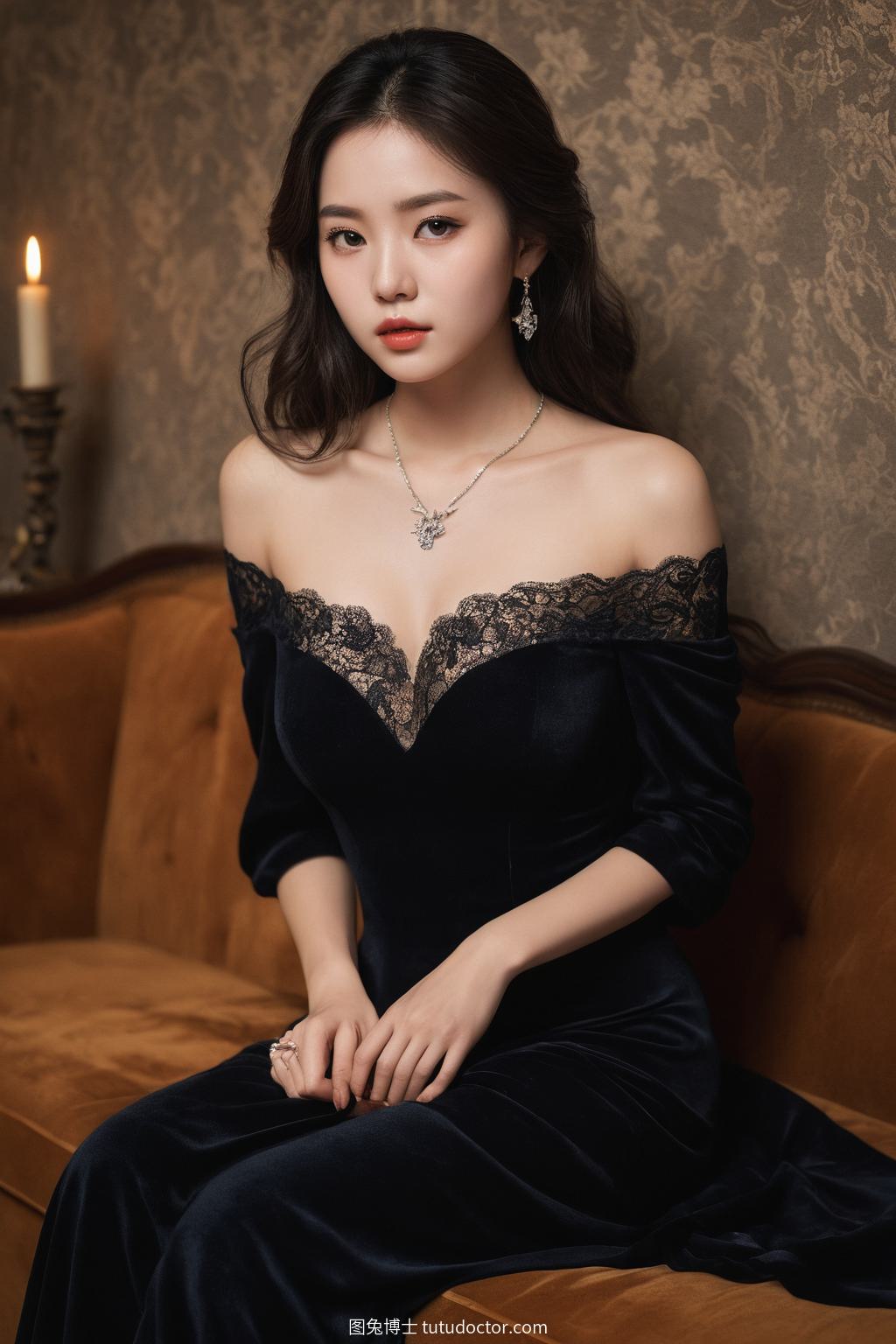花样美女：复古沙发上神秘的黑发女子