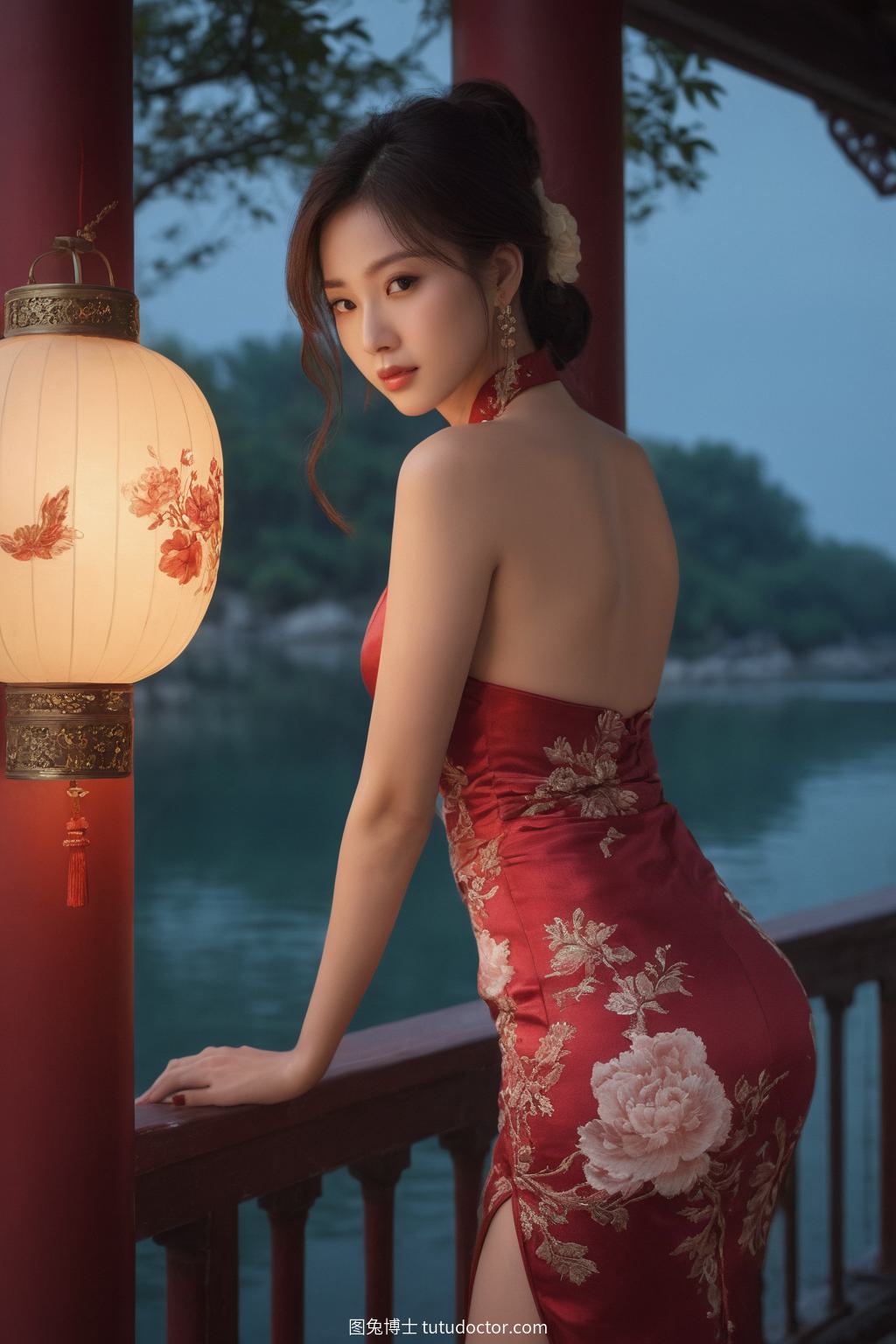 古风韵味：月色旗袍女子湖畔遐思