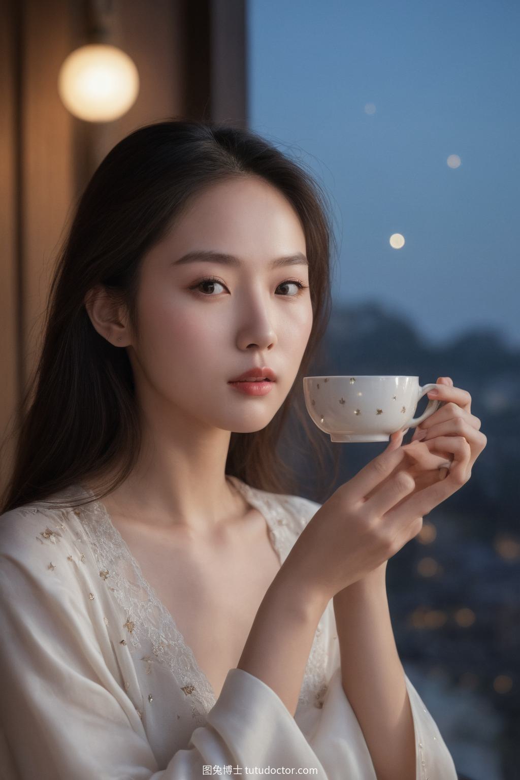 清纯美女：月光下品茶的女士