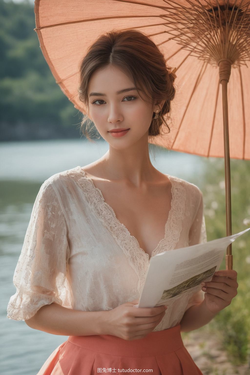 古风韵味：伞下女子河边阅读