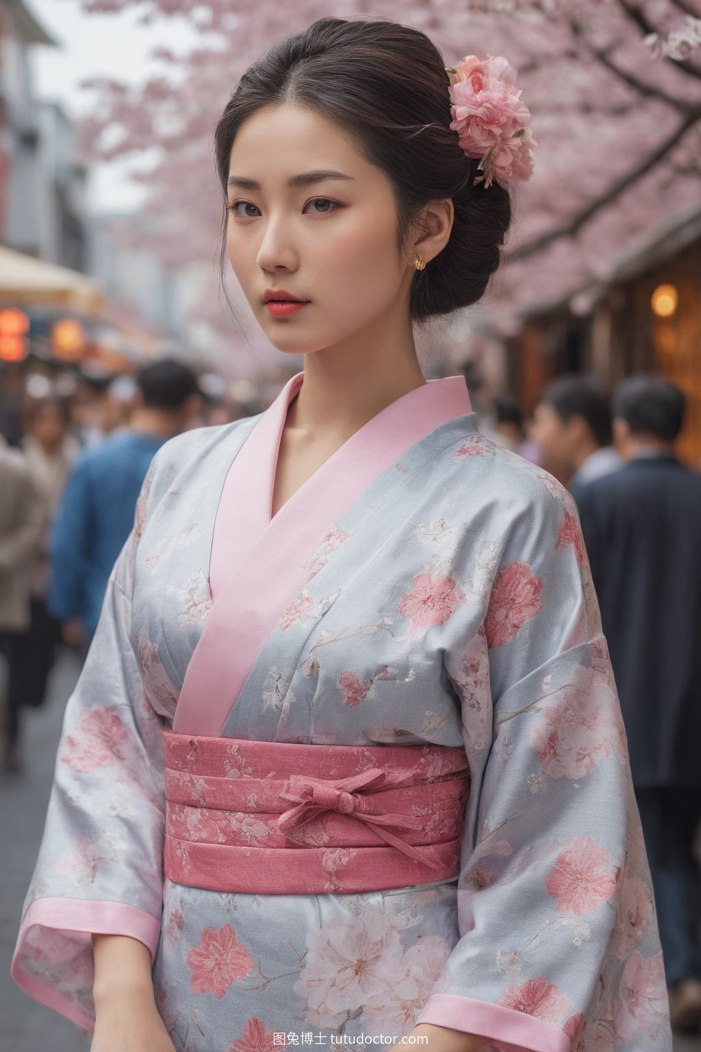 异域美女：东京街头的樱花和服艺妓