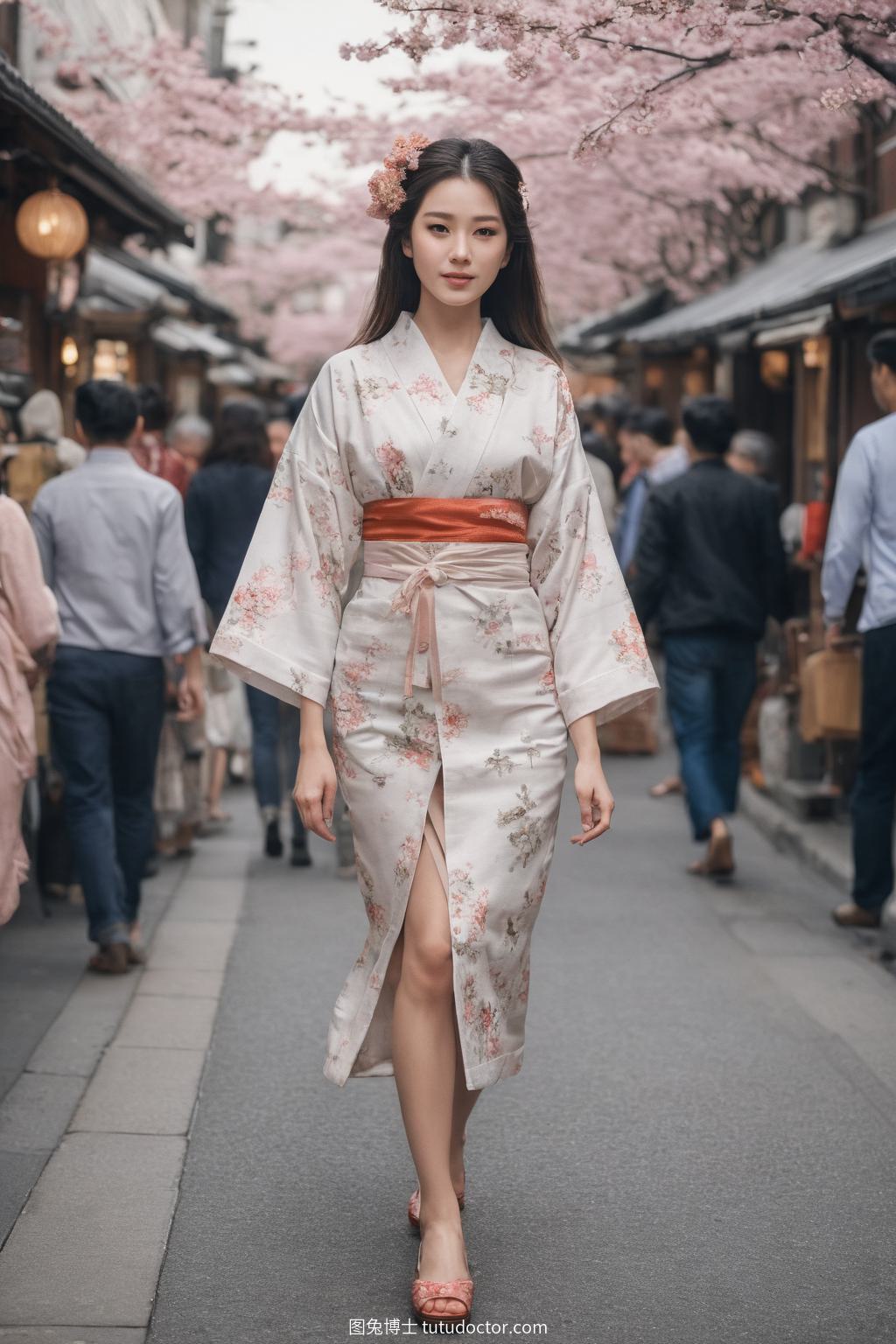 异域美女：东京街头的樱花和服艺妓