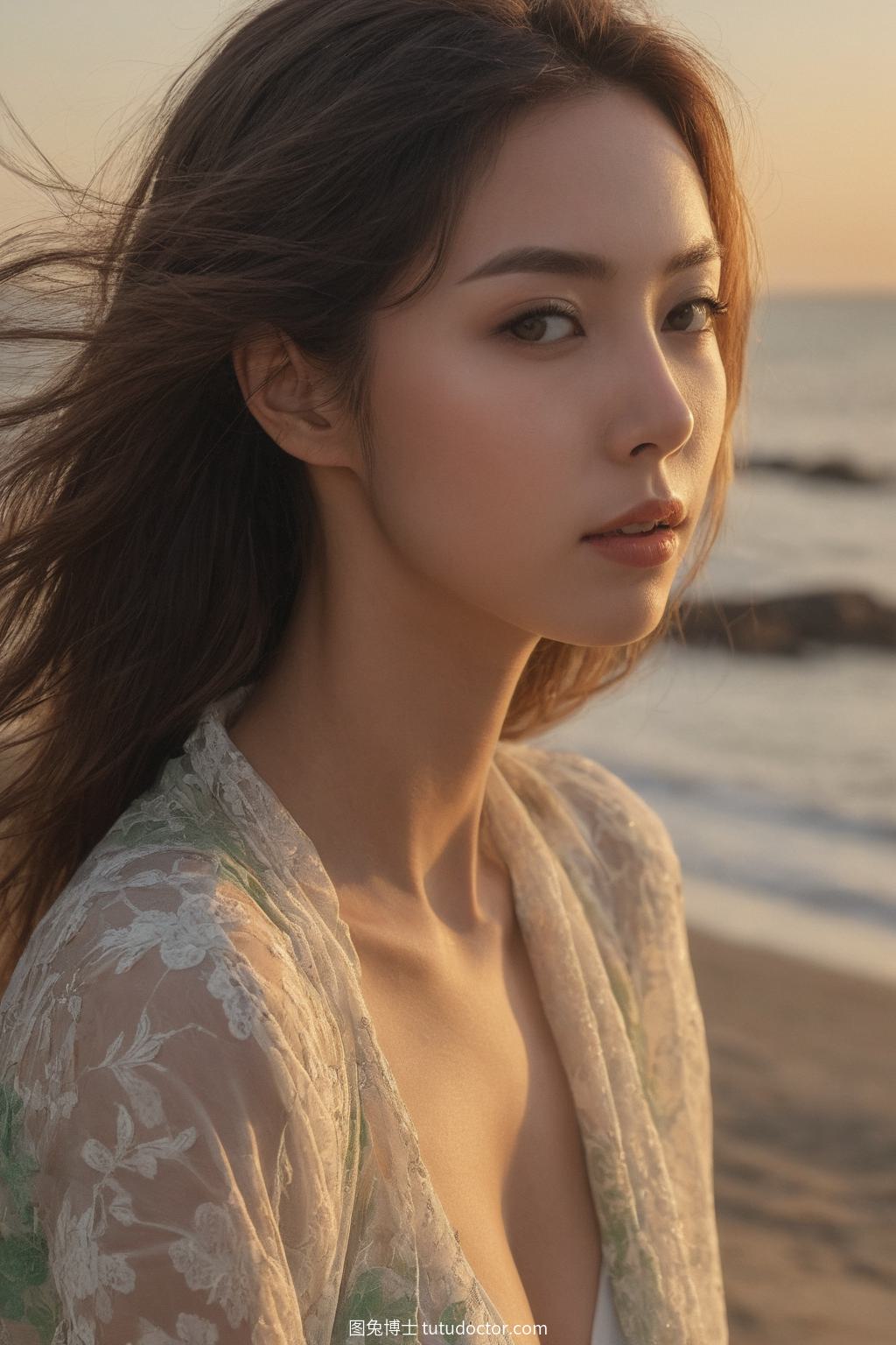 清纯美女：夕阳下绿眸舞者海滩独舞