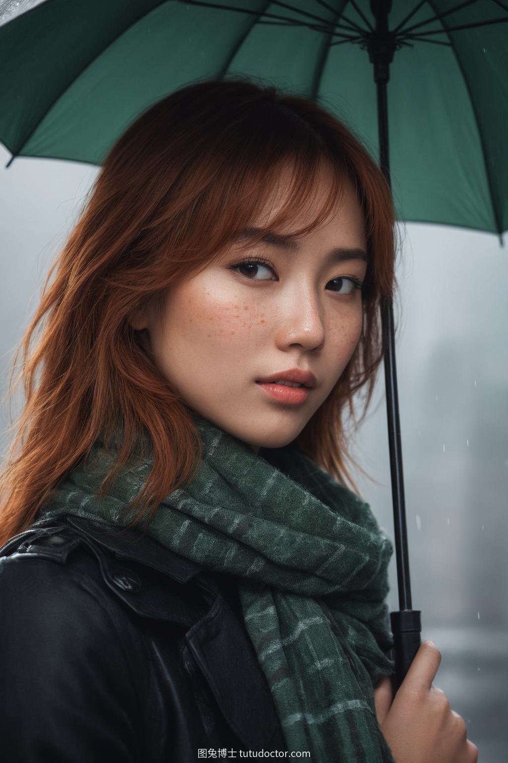 清纯美女：红发雀斑女孩的雨中嬉戏