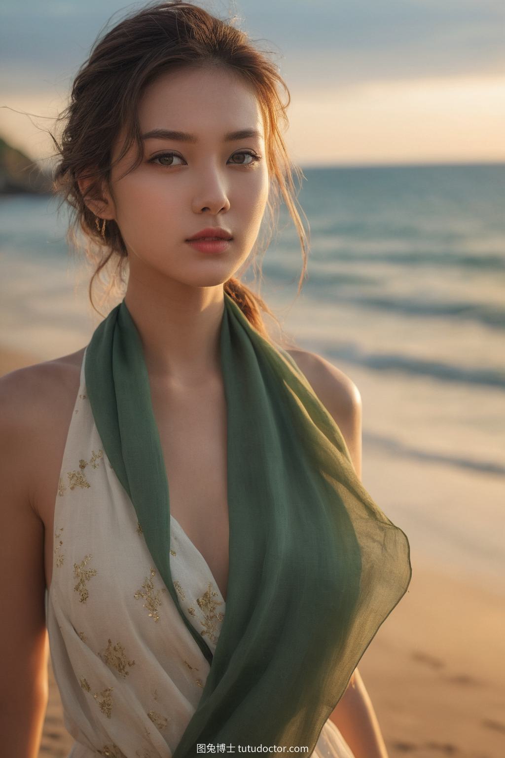 清纯美女：夕阳下绿眸舞者海滩独舞