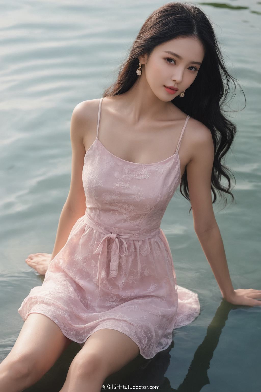 清纯美女：湖畔粉裙女子的静谧魅力