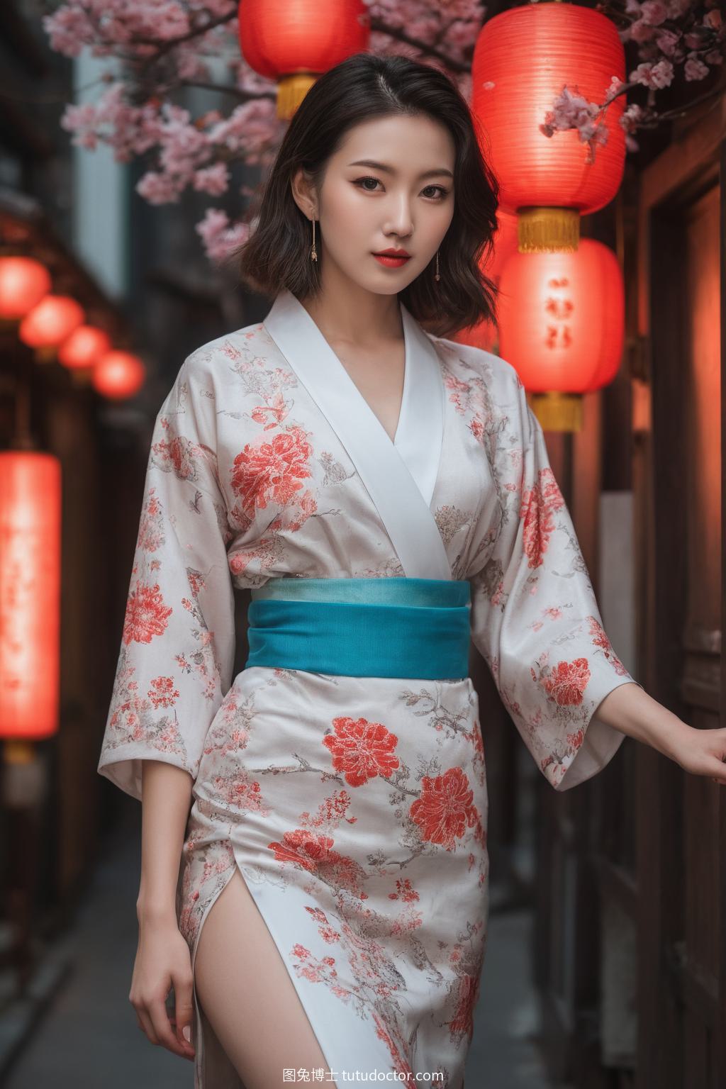异域美女：霓虹灯下的艺妓微笑