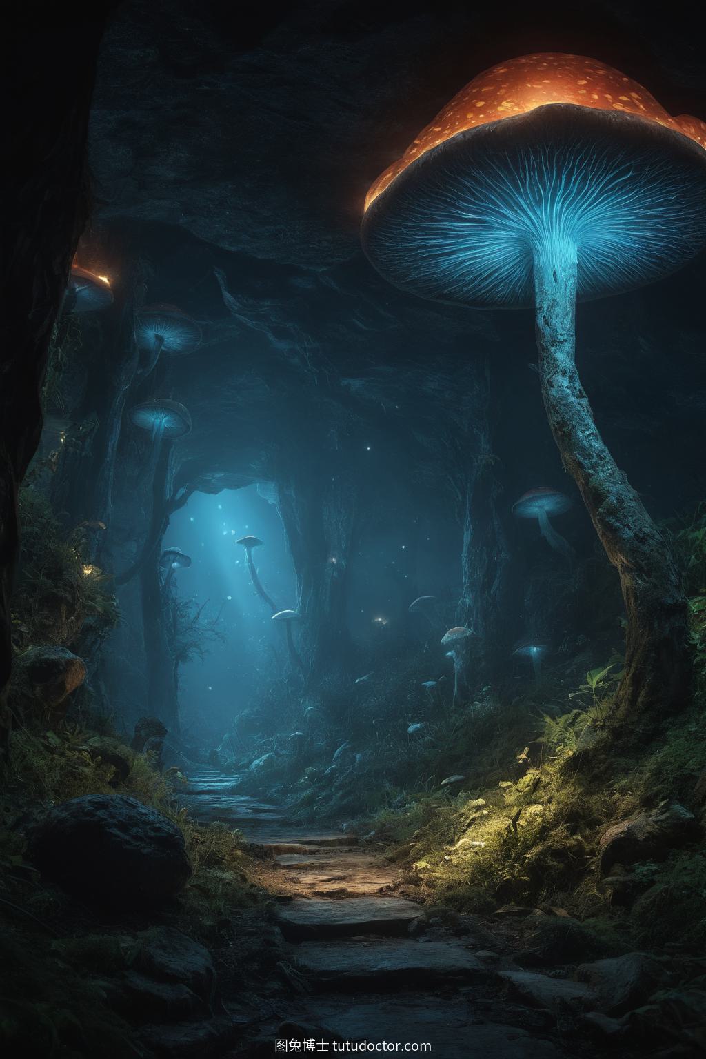 植物秘境：生物发光蘑菇照亮地下洞穴
