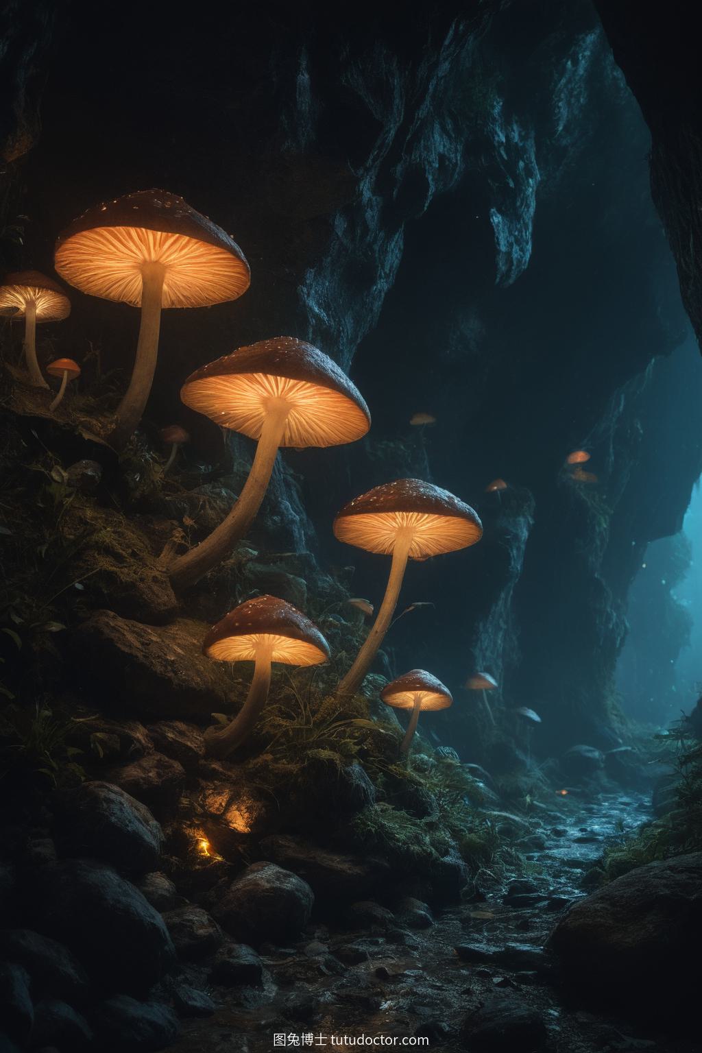 植物秘境：生物发光蘑菇照亮地下洞穴
