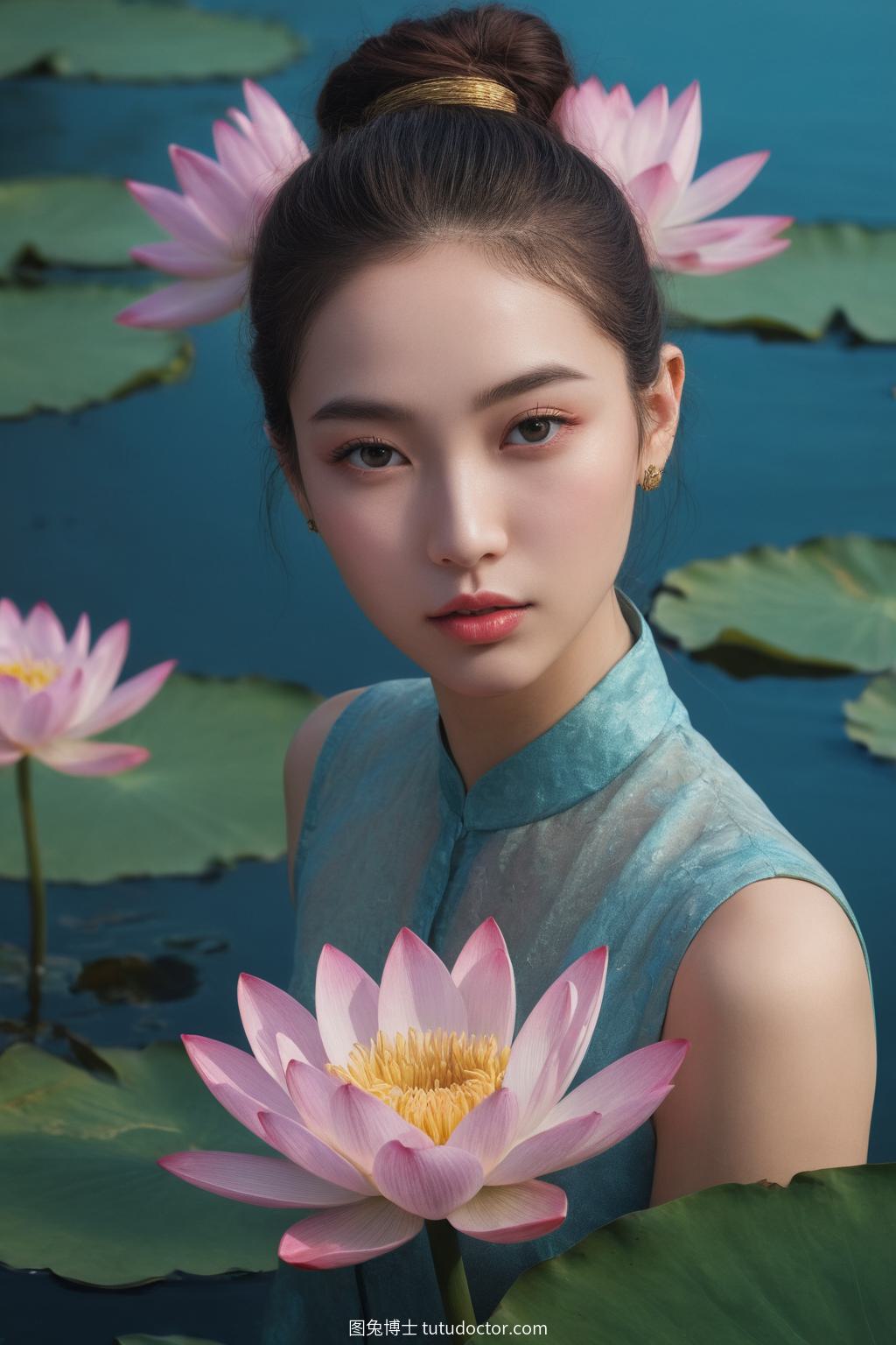 植物秘境：莲花环抱的隐秘泻湖与天穹共色，蜻蜓翩翩