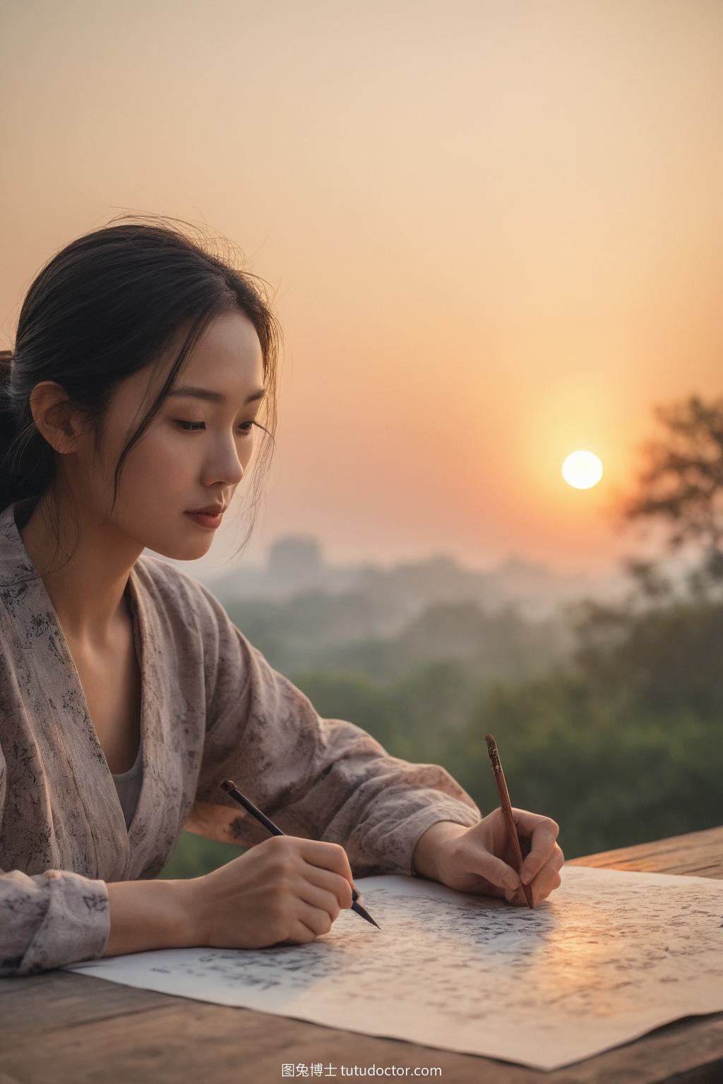手工匠心：日落书法，笔墨舞动，山水画卷