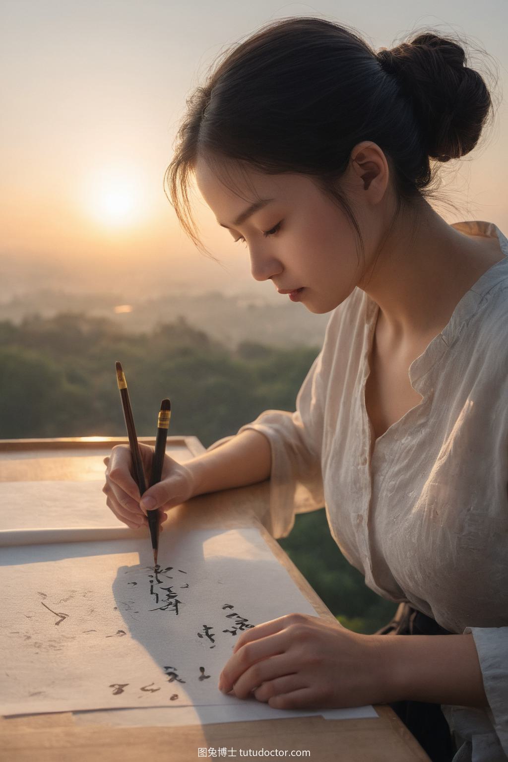 手工匠心：日落书法，笔墨舞动，山水画卷