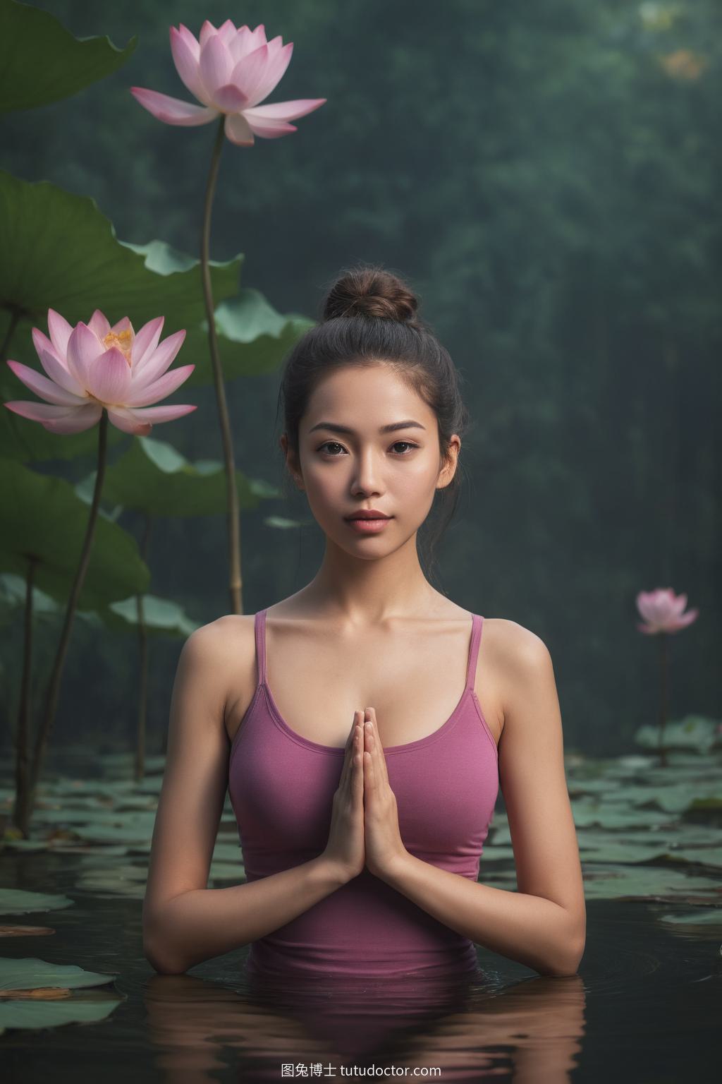 运动风尚：黎明时分，瑜伽爱好者在莲花池中静谧练习