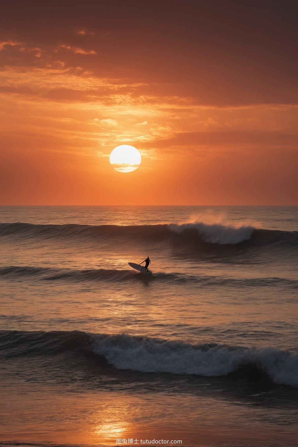 冲浪潜水：夕阳下孤独冲浪者的壮丽瞬间