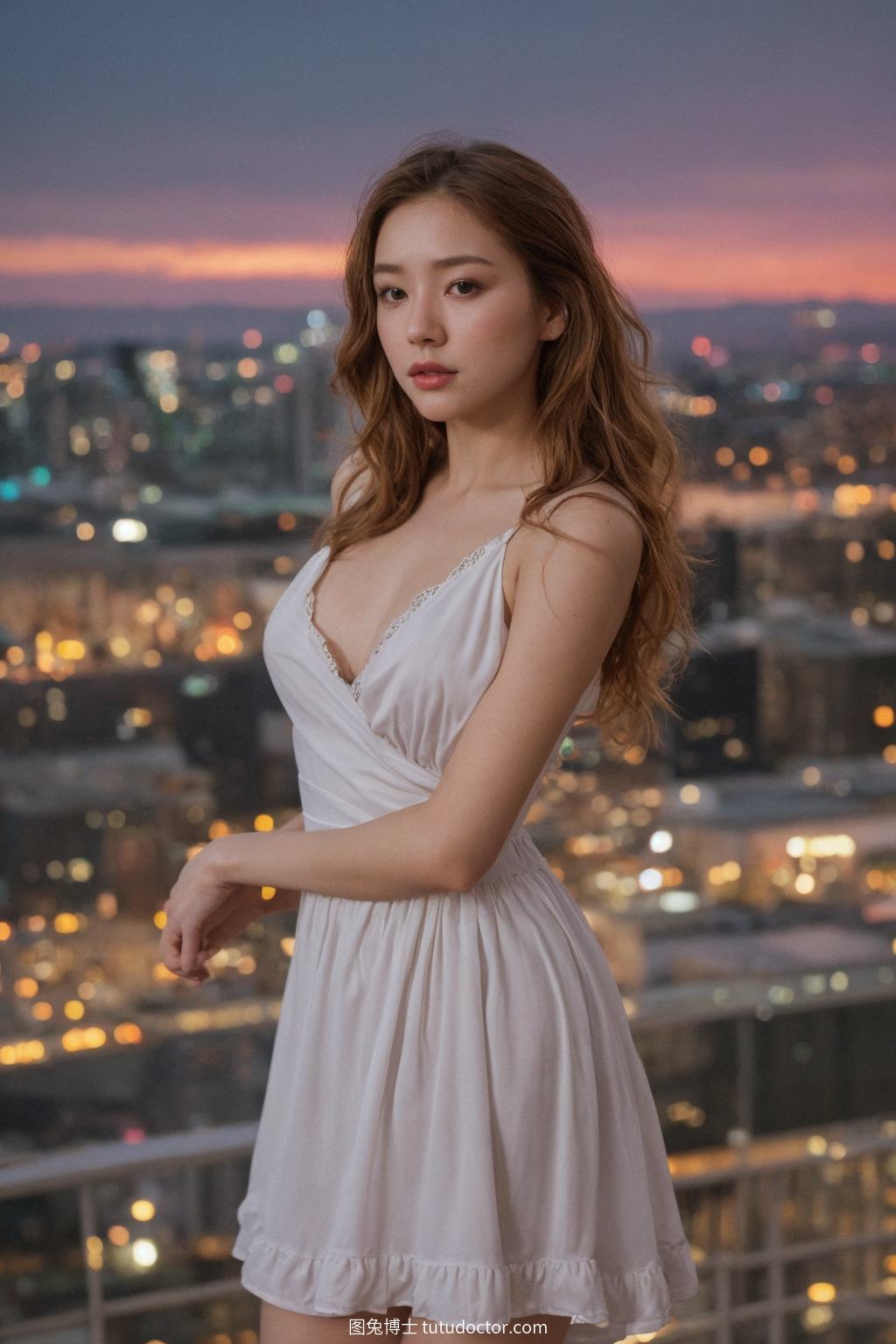 性感美女：黄昏屋顶上的美丽女子
