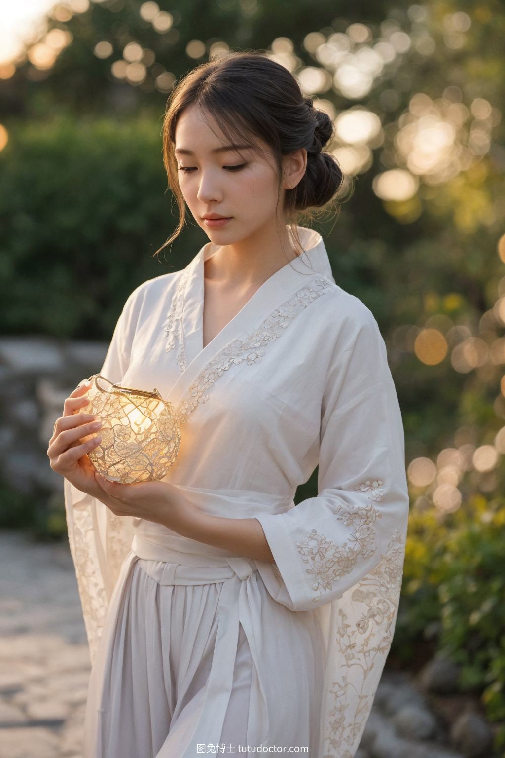 古风韵味美女：月夜花园中的汉服女子
