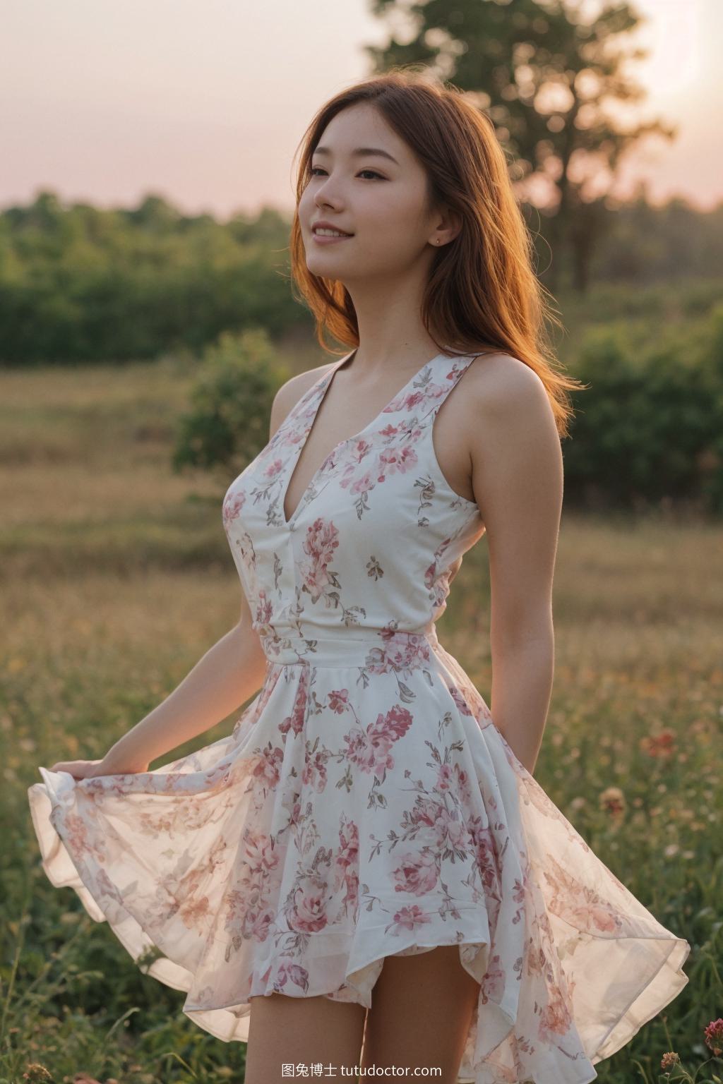 清纯美女：野花丛中的轻盈少女