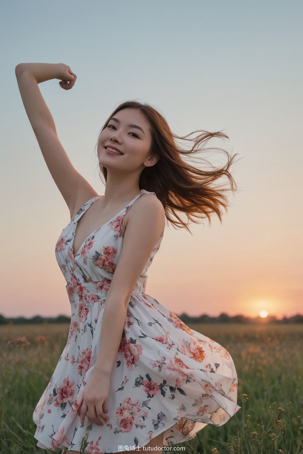 清纯美女：野花丛中的轻盈少女